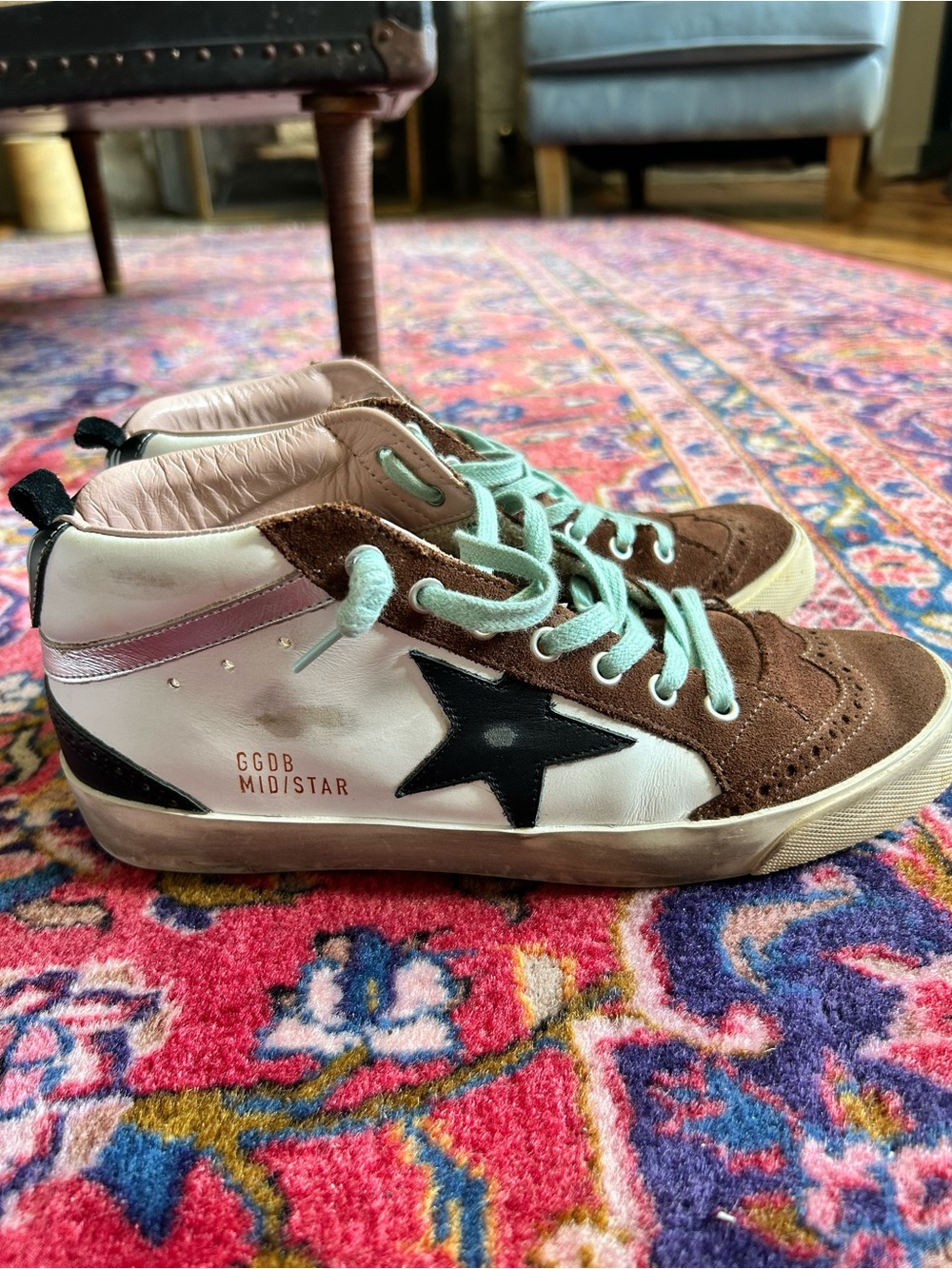 Golden Goose High-Top Sneakers in White, Brown, Black & Mint